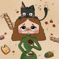 Woman and cat eating donuts hand painted